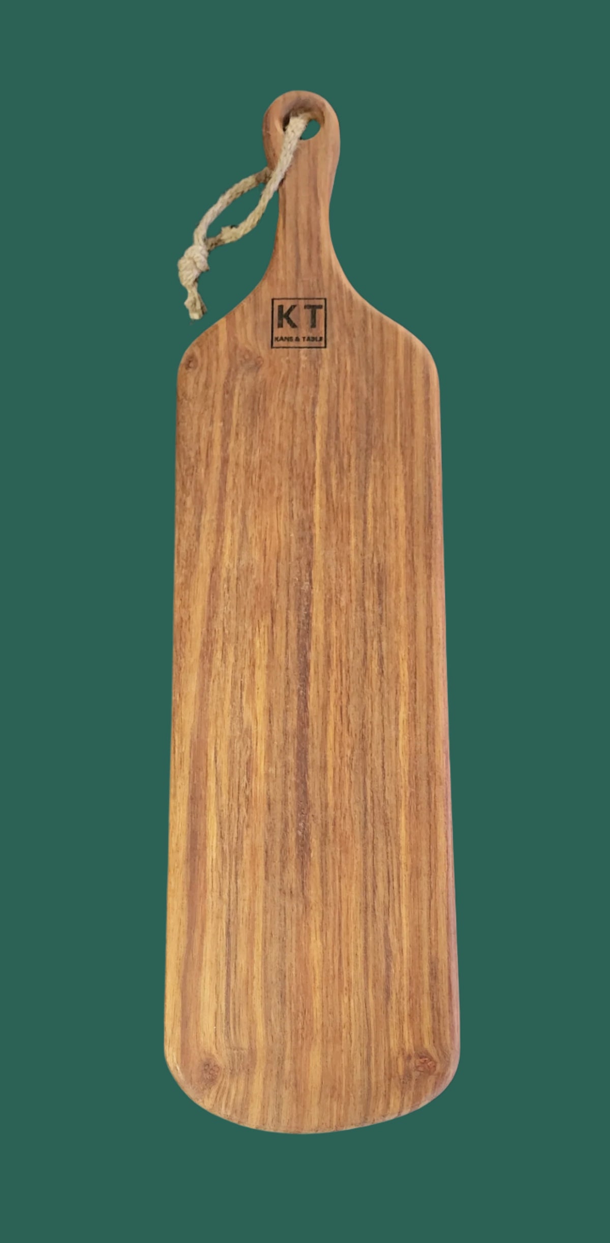Medium handcrafted wooden paddle serving board with rope handle