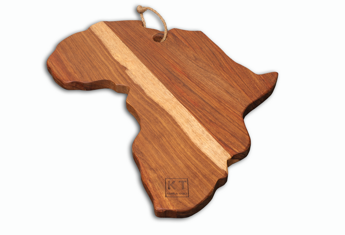 Angled view of an African-shaped handcrafted wooden serving board